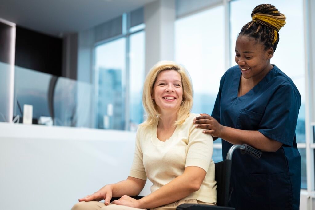 side view smiley nurse patient